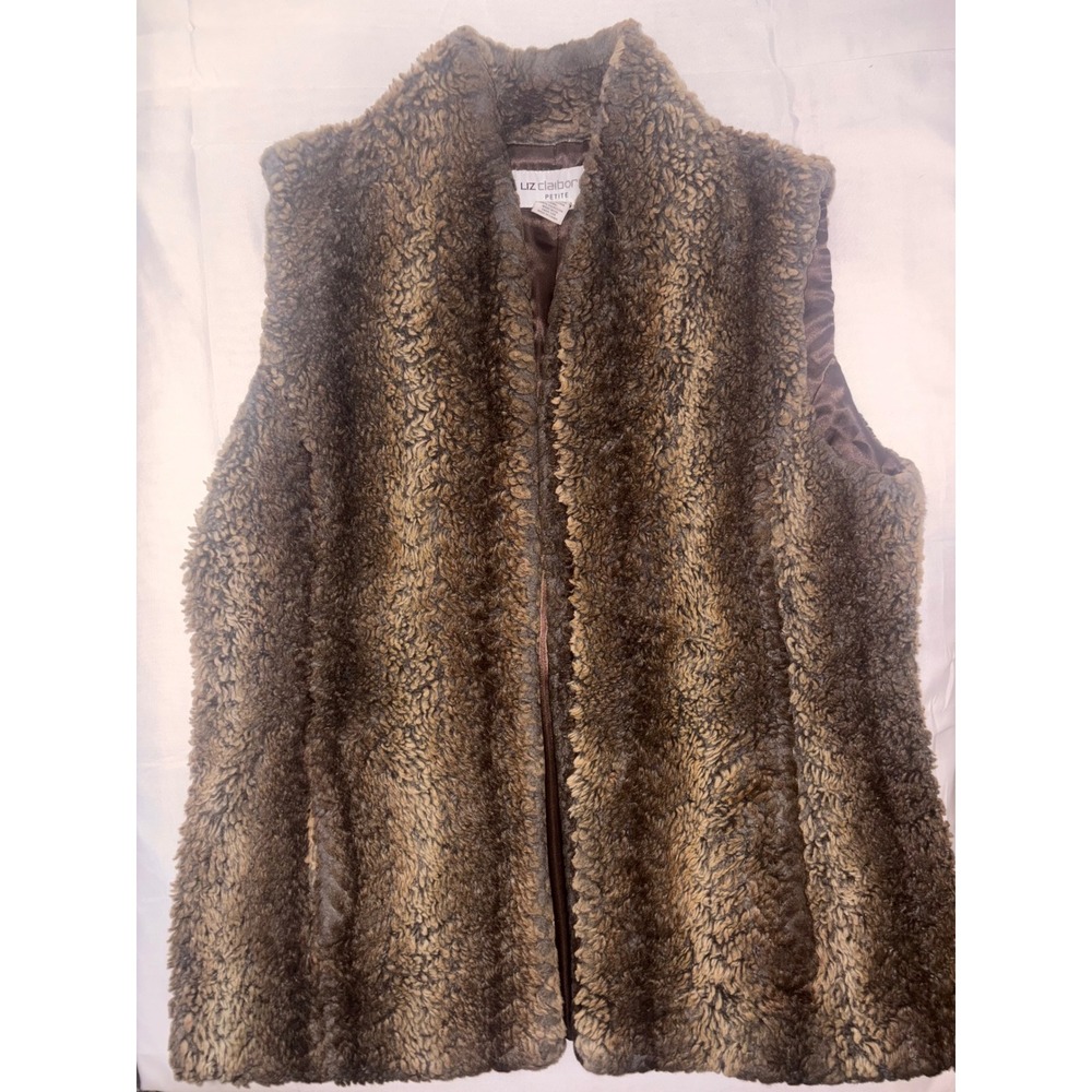 Liz Claiborne Petite Brown Faux Fur Vest Shaggy Striped Sleeveless Jacket PXL